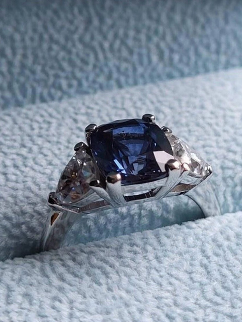 Art Deco Sapphire & Lab Diamond Ring: 925 Sterling Silver Three-Stone Ring